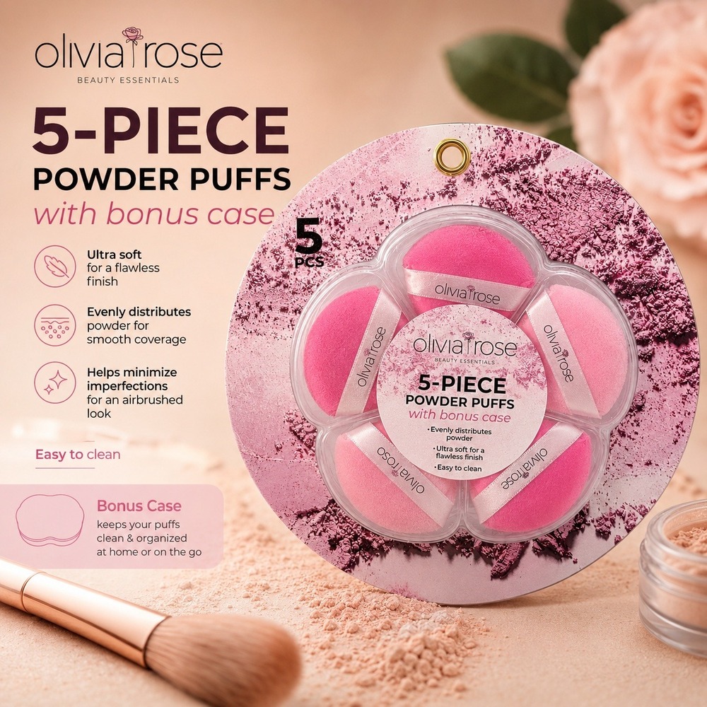 Olivia Rose 5-Piece Powder Puffs with Bonus Case Pink Beauty Essentials